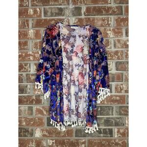 Southern Stitch Colorful Floral Burn Out Velvet Kimono Size S/M Boho Tasseled